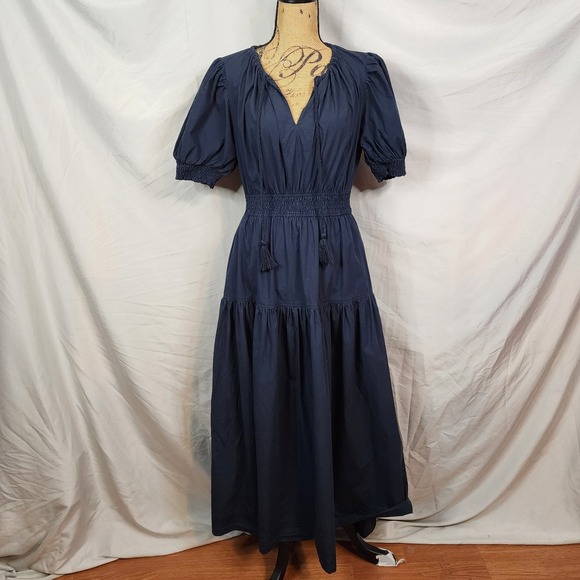 MOON RIVER Size Large Anthropologie Boho Chic Cottagecore Navy Tiered Maxi Dress - Picture 2 of 14